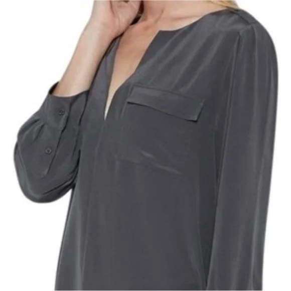 Joie Marlo Silk Split V-neck Pocket Blouse Long Sleeve Gray SZ S - Picture 2 of 7